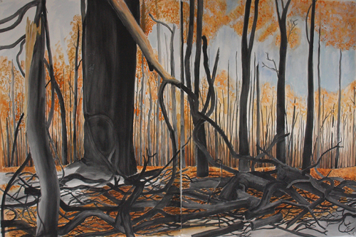 Wendy Kelly The farm, Argyle 2025. Graphite and watercolour on paper. Diptych. 76 x 113 cm