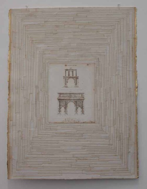 Plate IX 2015 Collaged antiquated book margins, Encyclopaedia illustration [circa late 1800s] and acrylic on Arches 640 G