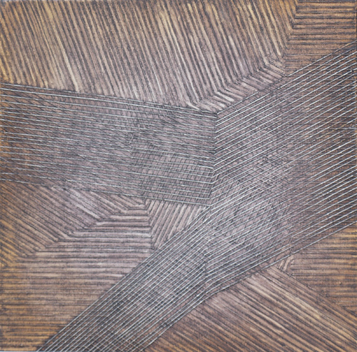 Wendy Kelly Traveling 2015 Oil acrylic and thread on canvas on board 34 x 34 cm