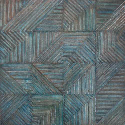 Wendy Kelly Aztec 2015 Oil acrylic and thread on board 34 x 34 cm